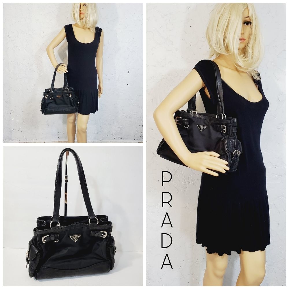 Prada Auth med black nylon leather shoulder bag